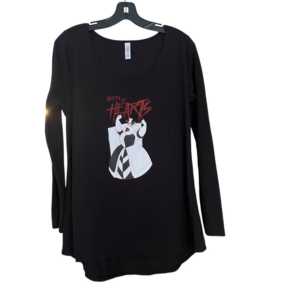 Lularoe Black Long Sleeve Blouse Topo Queen of Hearts Large Alice in Wonderland